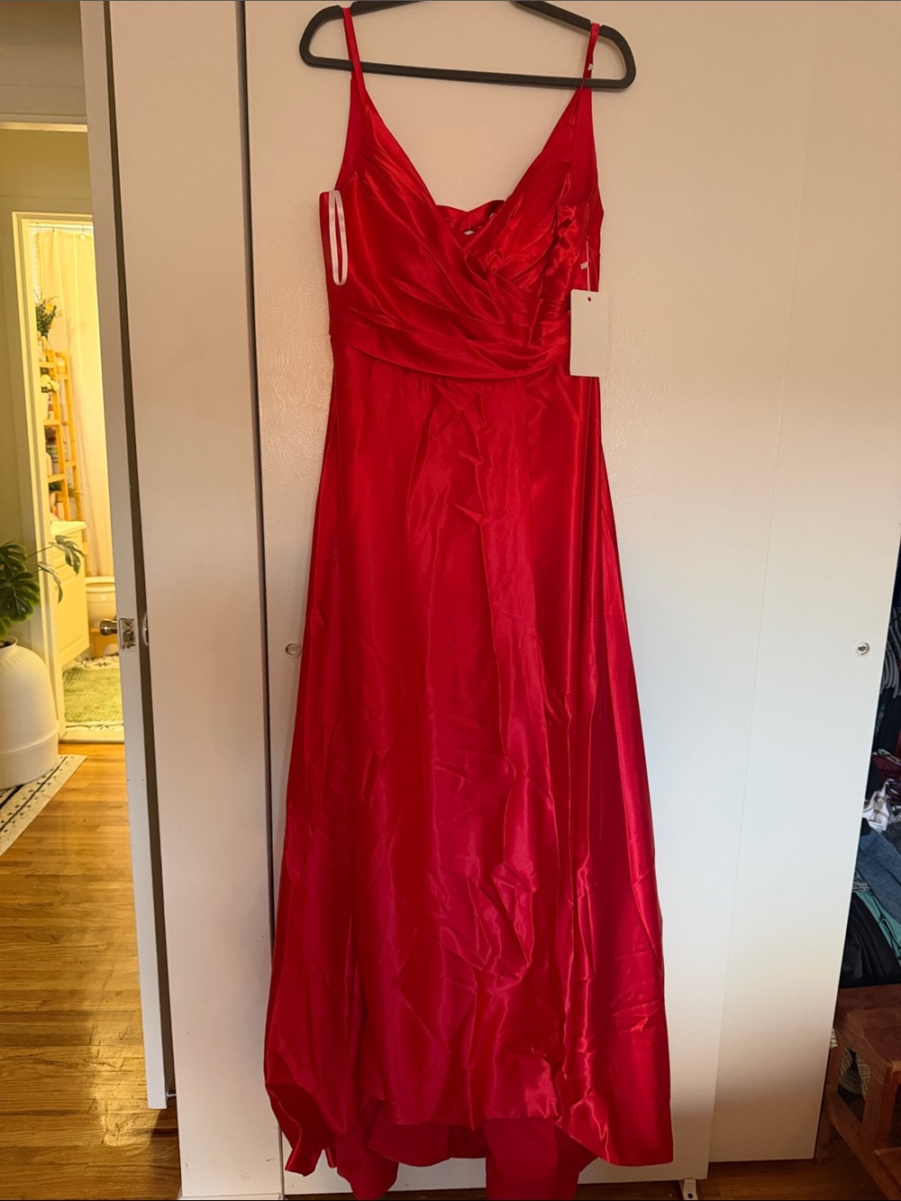 Red Satin Strap Evening Gown